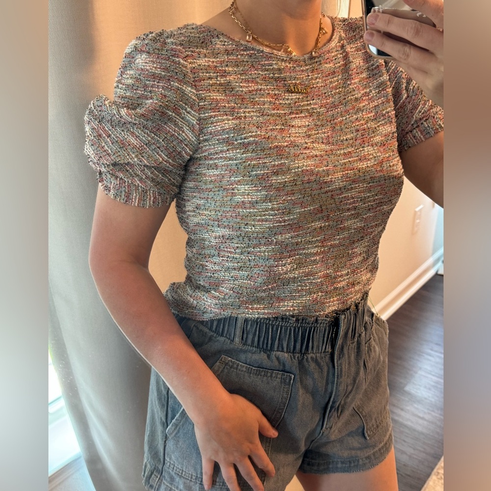 LOFT Ann Taylor Colorful Tweed Short Twist Sleeve Knit Top - Casual Workwear - Picture 1 of 14